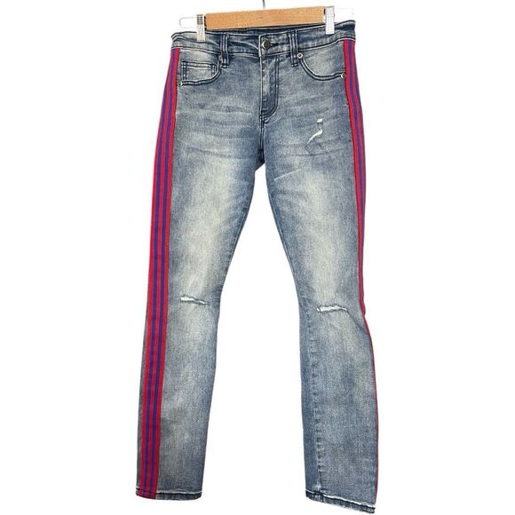 KILOGRAM Medium Wash Side Striped Red and White Skinny Jeans - Picture 1 of 11